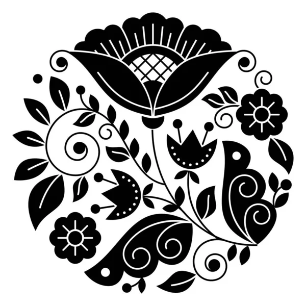 Scandinavian Folk Art Flower Vector Black White Pattern Retro Floral — Stock Vector