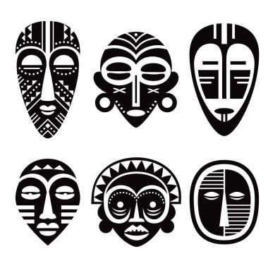 Afrika kabile vektör maskesi seti, ritüel etnik maskeler koleksiyonu, yerel dekorasyon