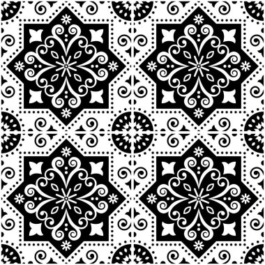 Lizbon Azulejo fayanssız vektör deseni siyah beyaz, Portekiz geometrik kiremit baskılı retro tasarımı