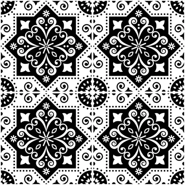 Lisbon Azulejo Tile Seamless Vector Pattern Black White Portuguese Retro — Stockvector