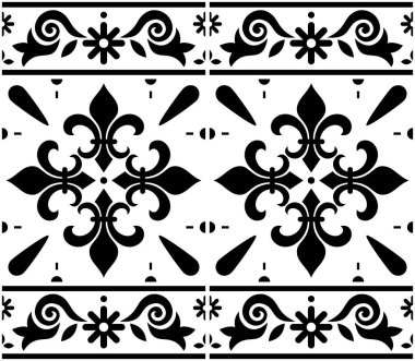 Portekiz Azulejo fayanssız vektör decrative modeli fleur de lis motifli, çerçeve veya sınır ile siyah ve beyaz geometrik tasarım