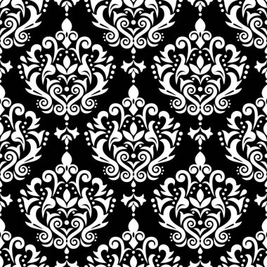 Şam zarif vektör pürüzsüz desen, Victoria tekstili veya kumaş desenli çiçekler, girdaplar ve siyah üzerine beyaz yapraklar.