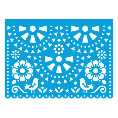Papel Picado vector design with two birds and flowers, Mexican cutout paper garland decoration in blue on white  