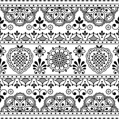 Scandinavian folk art outline vector seamless textile or fabric print, black and white repetitve design with flowers inspired by lace and embroidery backgrounds