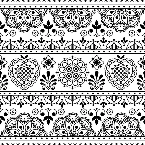 Scandinavian Folk Art Outline Vector Seamless Textile Fabric Print Black — Vector de stock