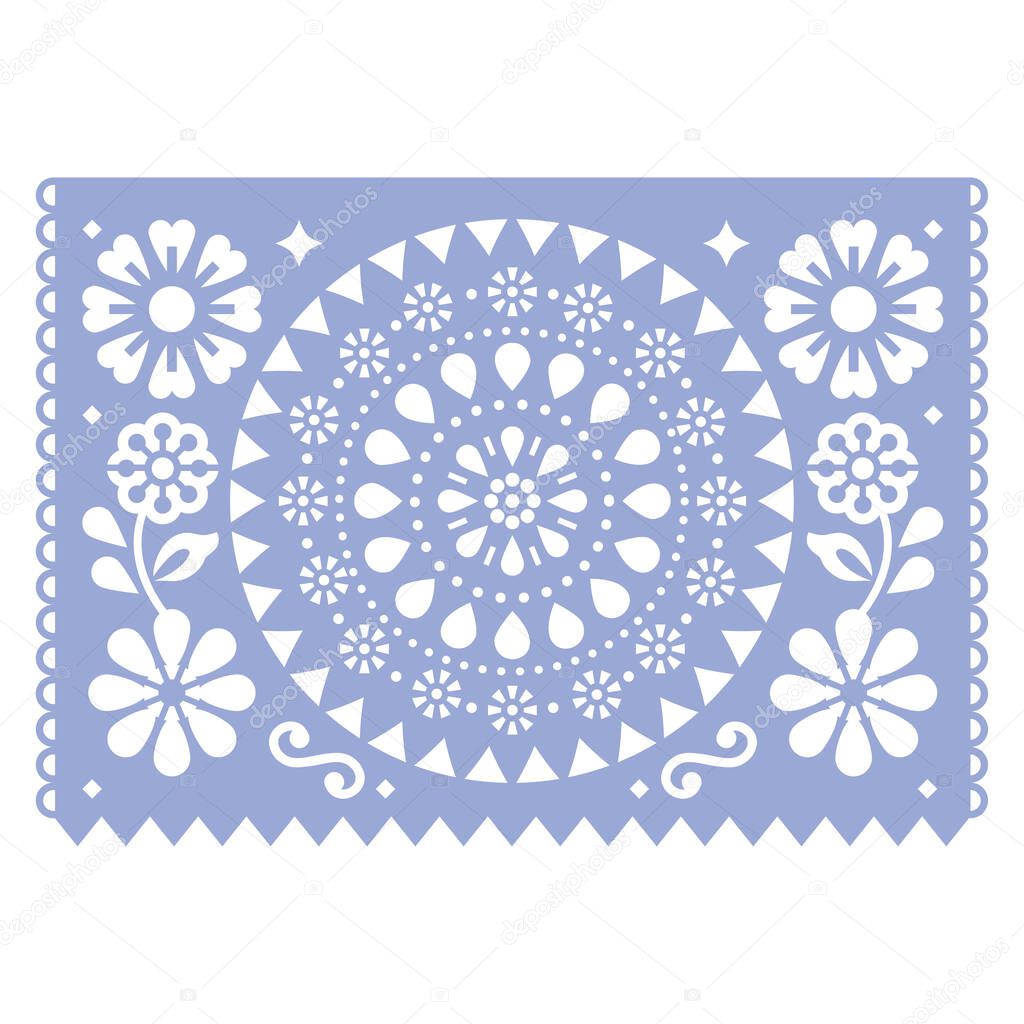 Mexican Papel Picado vector design with mandala and flowers, party garland decoration wtih cutout pattern  