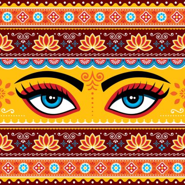 Pakistani or Indian truck art vector seamless pattern with girl's or woman's eyes, flowers, leaves and abstract shapes 