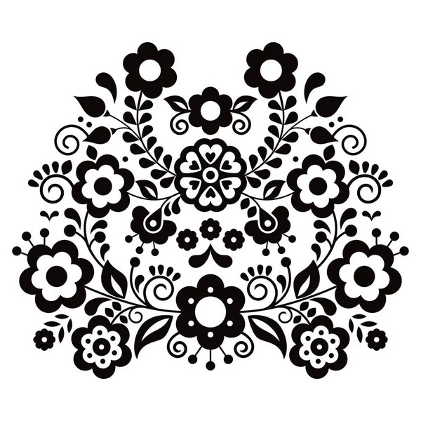 Mexican Folk Art Style Vector Floral Design Retro Black White — Stock Vector