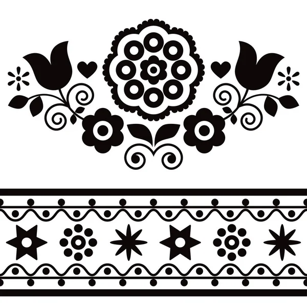 Mexican Folk Art Style Vector Floral Design Retro Black White — Image vectorielle