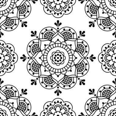 Scandinavian folk art style vector seamless pattern with flowers, decorative textile or fabric print design in black on white background