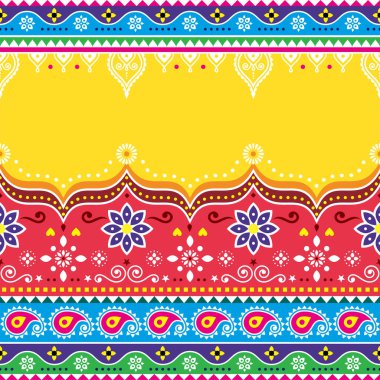 Indian and Pakistani truck art vector design with empty space for text, Jingle trucks seamless textile or greeting card pattern