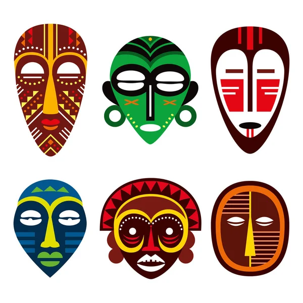 African Tribal Vector Mask Colorful Design Set Ritual Ethnic Masks —  Vetores de Stock