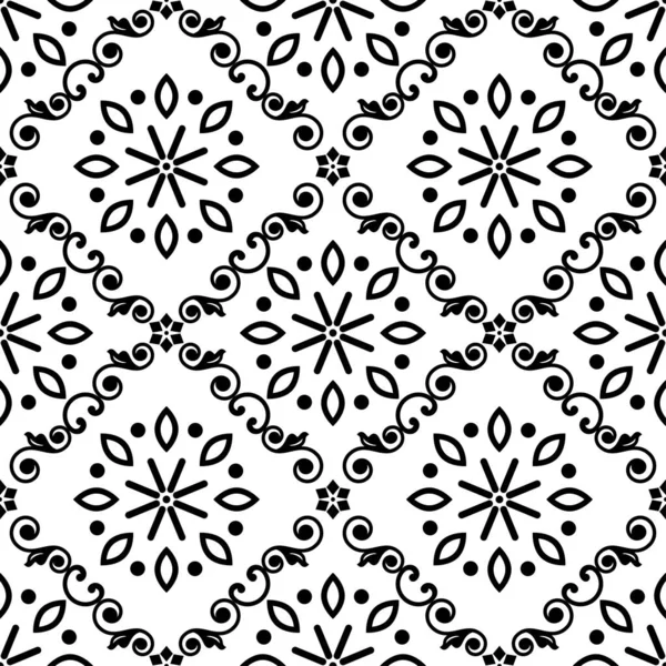 Lisbon Style Azulejo Tile Seamless Vector Black Flowers Leaves Repetitive — Stockvector