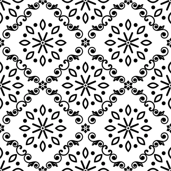 Lisbon Style Azulejo Tile Seamless Vector Black Flowers Leaves Repetitive — Vector de stock