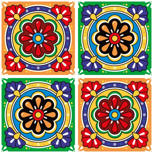 Mexican Seamless Vector Ceramic Tile Pattern Talavera Background Flowers Vibrant — 스톡 벡터