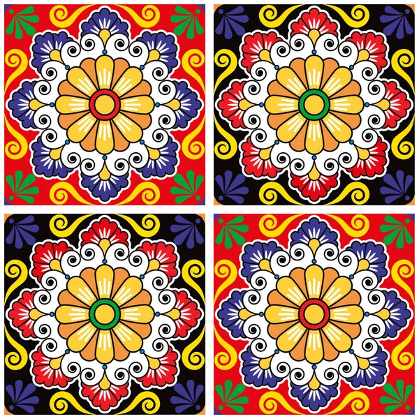 Mexican Inspired Vector Tiles Seamless Pattern Talavera Repetitive Background Flowers — Stockvektor