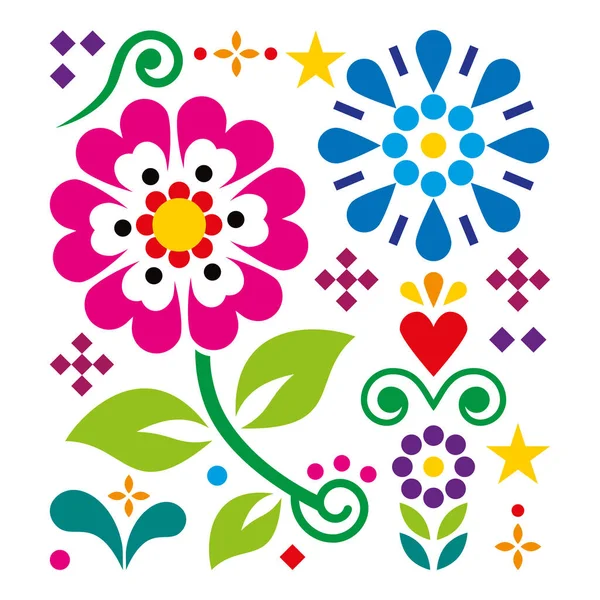 Mexican Traditional Folk Art Vector Geometric Pattern Flowers Leaves Inspired — Stock vektor