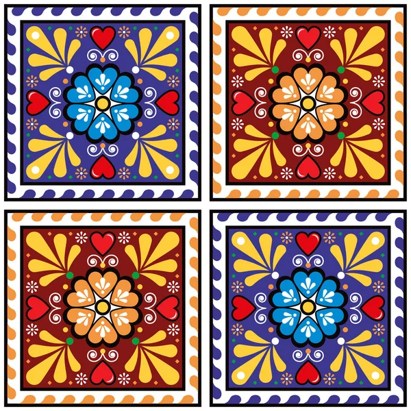 Mexican Talavera Cermic Tiles Style Vector Seamless Pattern Floral Geometric — Stock Vector