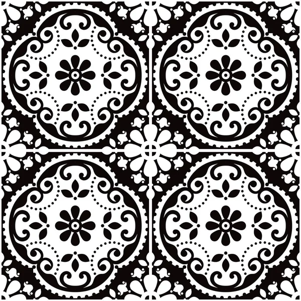 Lisbon Azulejo Tiles Seamless Vector Decorative Pattern Portuguese Black White — Stock Vector