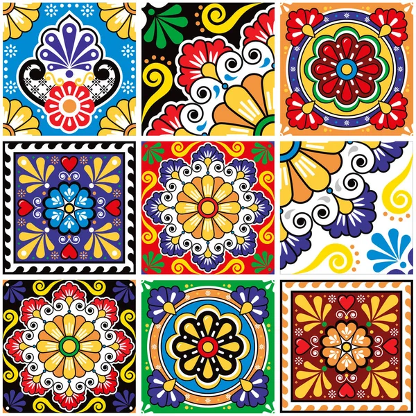 Mexican Talavera Style Tile Vector Seamless Pattern Collection Decorative Tiles —  Vetores de Stock