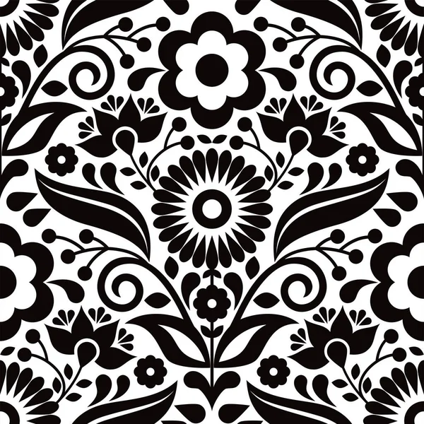 Mexická Lidová Umění Bezešvé Vektorové Vzor Květinami Listy Textil Nebo — Stockový vektor