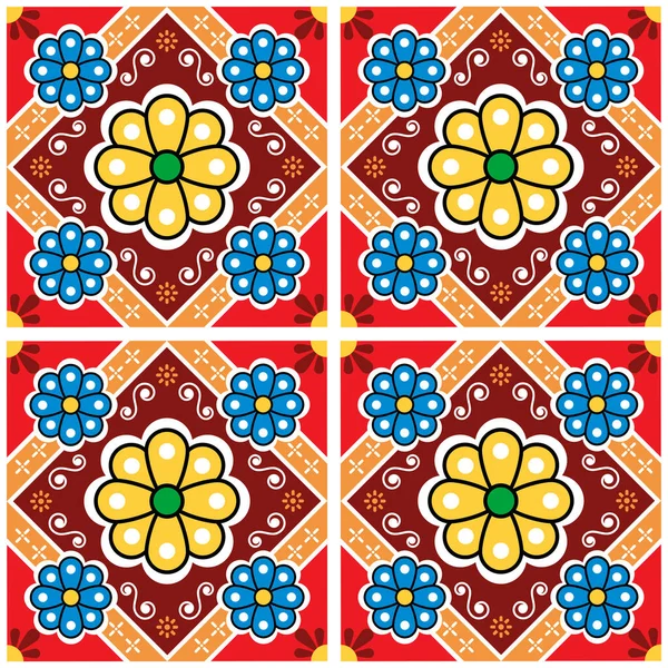 Floral Tiles Seamless Vector Pattern Inspired Folk Art Mexico Talavera — Stockvector