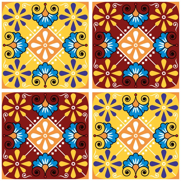 Mexican Talavera Style Ceramic Tile Vector Seamless Pattern Flowers Swrils — Stockvector