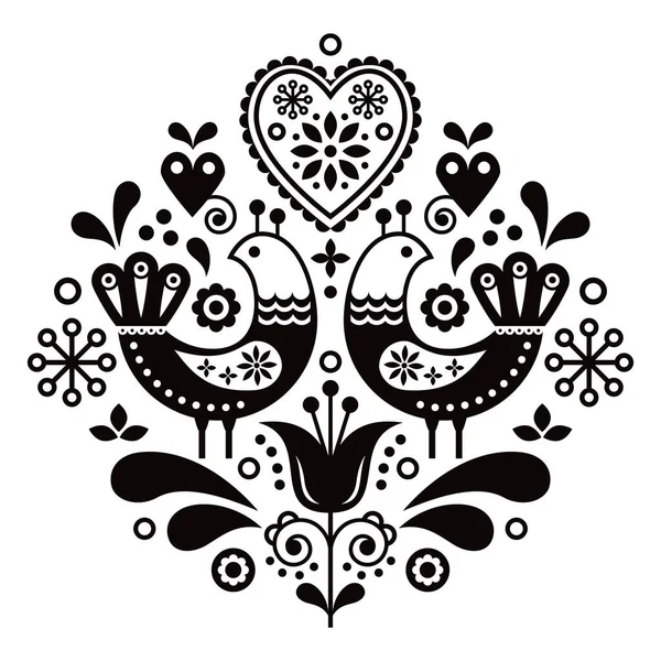 Скандинавське Народне Мистецтво Птахами Квітами Скандинавський Квітковий Дизайн Ретро Тло — стоковий вектор