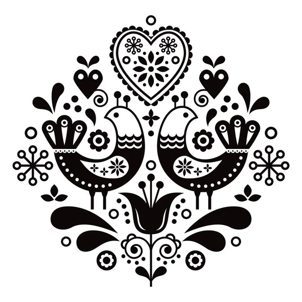 Scandinavian folk art pattern with birds and flowers, Nordic floral design, retro background in black and white