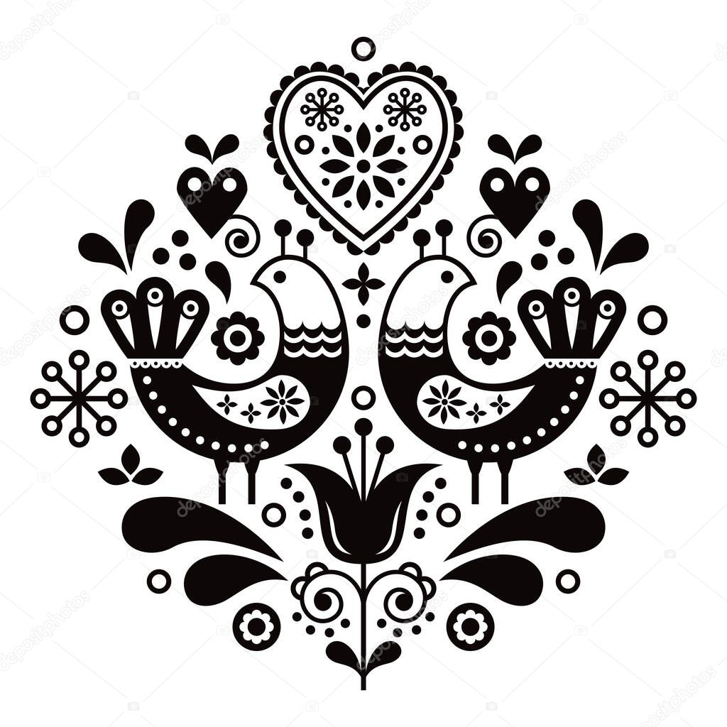 Scandinavian folk art pattern with birds and flowers, Nordic floral design, retro background in black and white