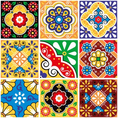 Seamless tile vector pattern collection Mexican talavera style, repetitive ornamental tiled backgound 