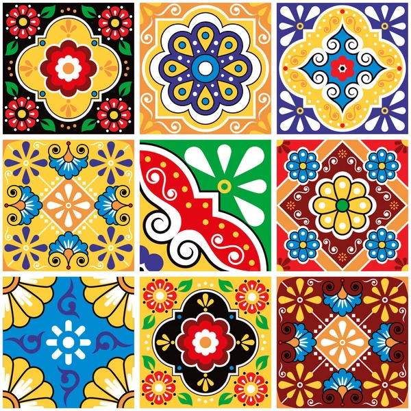 Seamless Tile Vector Pattern Collection Mexican Talavera Style Repetitive Ornamental — Stockvector