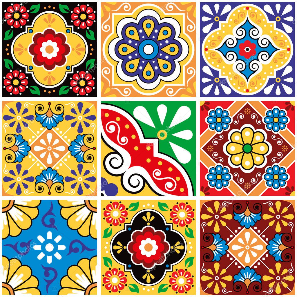 Seamless tile vector pattern collection Mexican talavera style, repetitive ornamental tiled backgound 