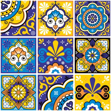 Mexican talavera tiles vector seamless pattern with flowers leaves, hearts and swirls in yellow and blue - big set, repetitive design styled as Mexican ornamental tiles
