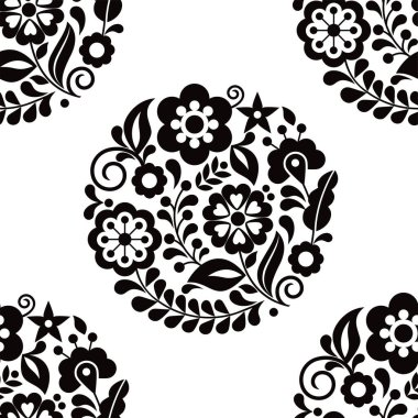 Mexican seamless vector black and white pattern with floral bouquets, textile or fabric print design inspired by traditional embroidery crafts from Mexico 