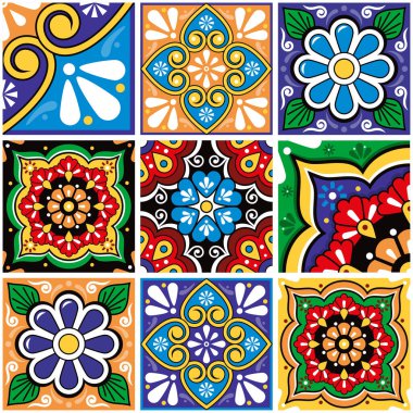 Colroful Mexican seamless tile vector pattern big set with flowers, leaves and geometric shapes