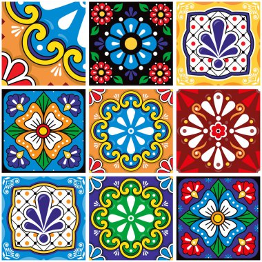 Mexican talavera style seamless tile vector pattern collection with flowers, cool wallpaper, decorative tiles big set design