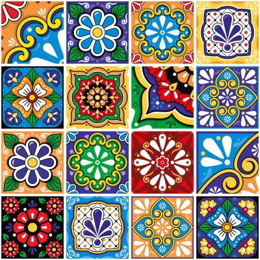 Mexican talavera tiles big collection, decorative seamless vector pattern set with flowers, leaves ans swirls