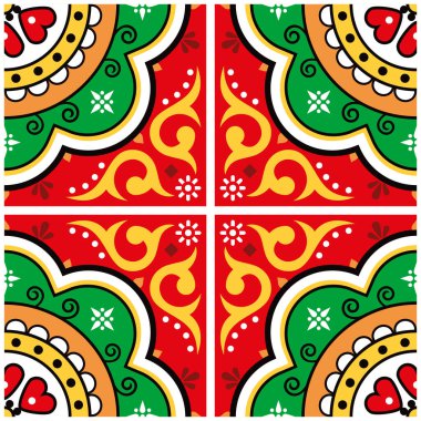 Mexican unique talavera tiles vector seamless pattern with floral and geometric mo in red, green and yellow