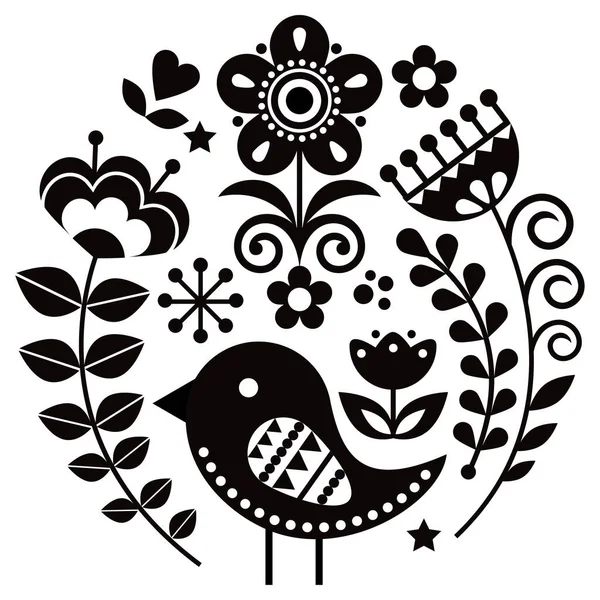 Carte Vœux Vectorielle Art Folklorique Scandinave Avec Fleur Oiseau Motif — Image vectorielle