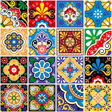 Meksika dekoratif talavera fayansları büyük set - vektör pürüzsüz desen, çiçekli ve geometrik şekilli retro renkli tasarımlar koleksiyonu