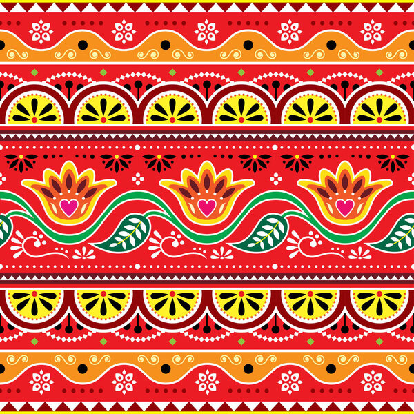 Индийский и пакистанский грузовик искусство вектор бесшовный рисунок с цветами и листьями в красном и желтом