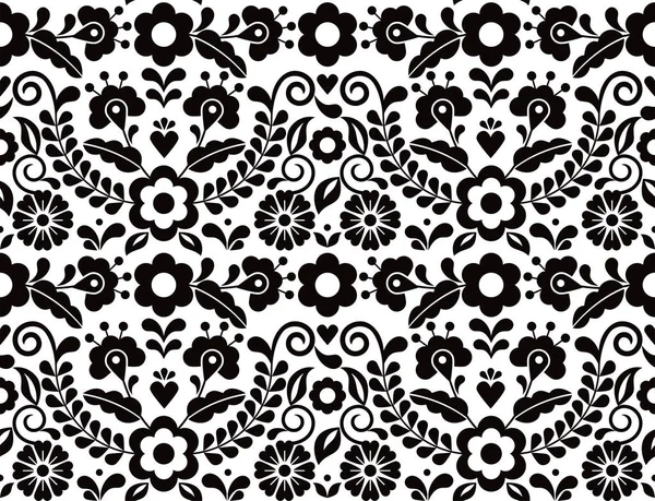 メキシコの伝統的な刺繍工芸品に触発されたメキシコの花のモリフ 黒と白の繊維やファブリックプリントデザインとシームレスベクトルパターン — ストックベクタ