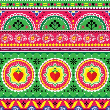 Pakistanlı ya da Hintli kamyon sanat vektörü. Kalpleri ve çiçekleri olan kusursuz desen. Çiçekli jingle kamyonu tasarımı.  