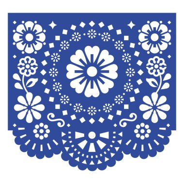 Parti dekorasyonu Papel Picado vektör tasarımı, retro Meksika fiesta kağıt kesim arka plan çiçekler ve yapraklar