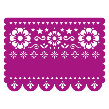 Papel Picado vektör parti şablonu çiçekler, yıldızlar ve metin için alan, retro Meksika kağıt kesim deseni, geleneksel dekorasyon tebrik kartı veya parti dekorasyonu için mükemmel  