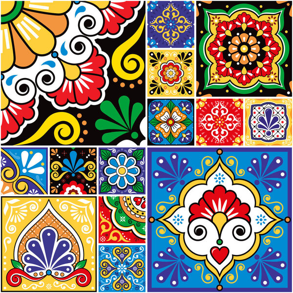 Mexican talavera tiles vector seamless pattern collection,  different size and style colorful design set, perfect for wallpaper, textile or fabric print