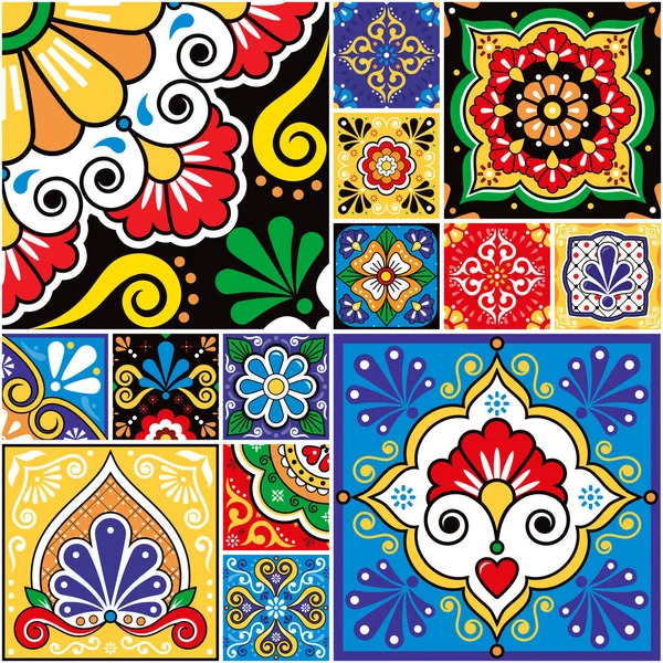 Mexican Talavera Tiles Vector Seamless Pattern Collection Different Size Style — Stock Vector