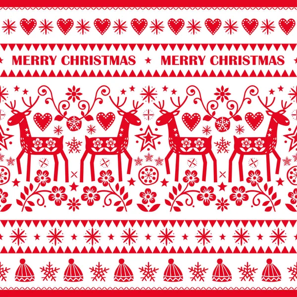 Merry Christmas Folk Art Style Vector Seamless Pattern Reindeer Flowers — Stock Vector