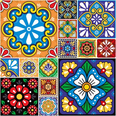 Meksika talavera seramik seramik seramik, farklı fayans boyutlarında, çiçek motifli geleneksel renkli tasarımlar